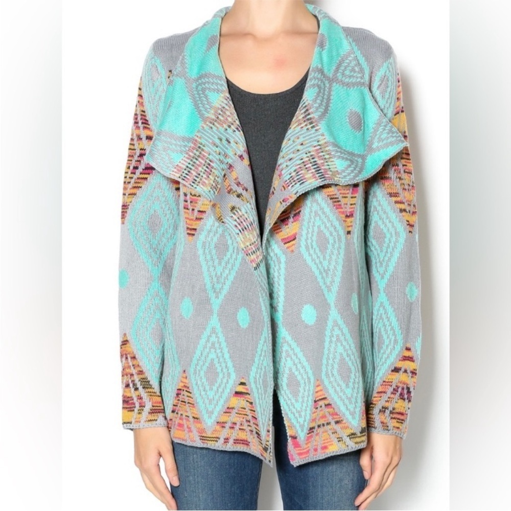 Petrol | Aztec Print‎ Open Front Cardigan | Aqua, Grey, Orange | Small/Medium